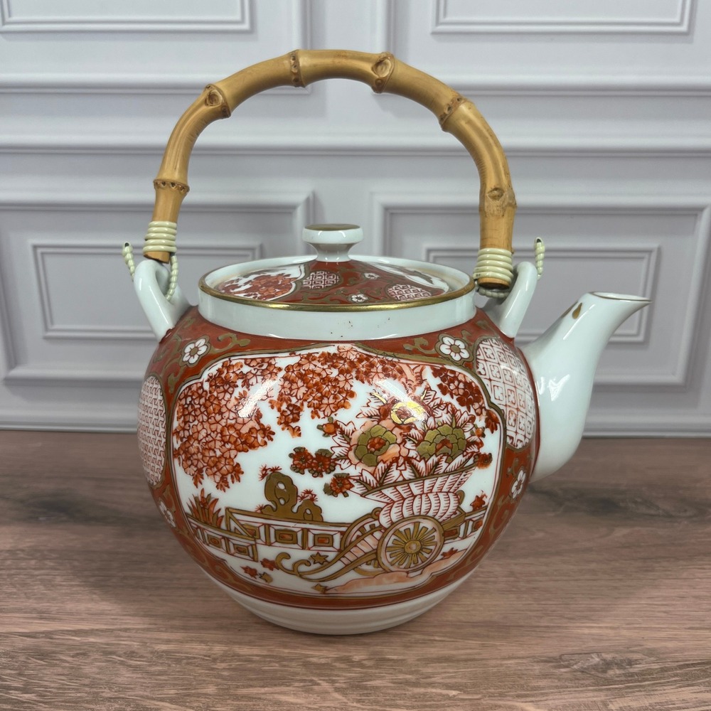 Vintage Dopin Teapot Red Gold Japanese Porcelain Bamboo Swing‎ Handle Floral